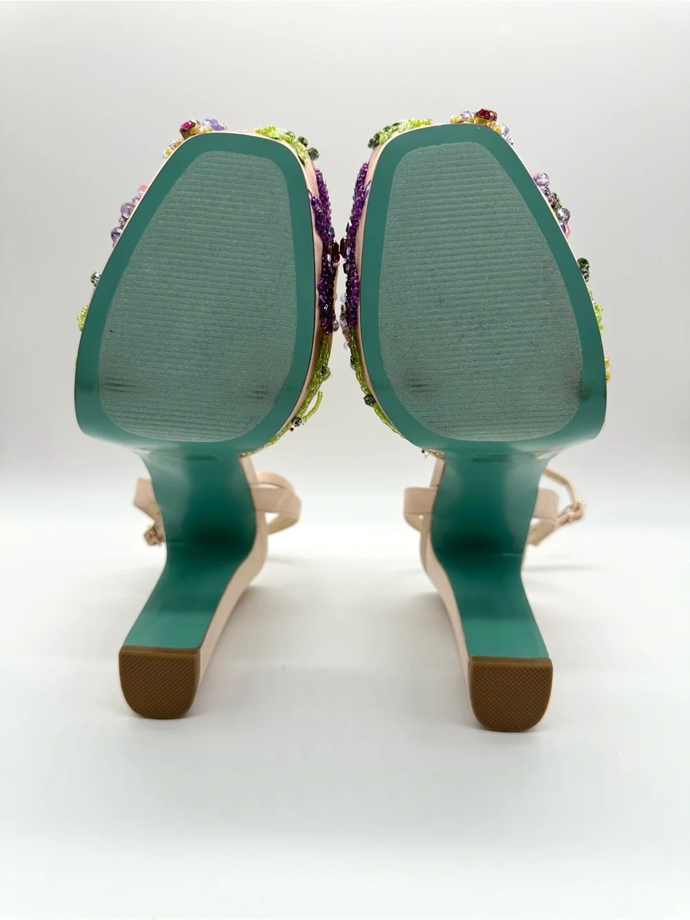 Betsey Johnson Viven Beaded Floral Platform Sandals Nude Teal Size 10 NWOB